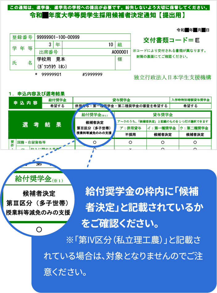 給付奨学金の枠内に「候補者決定」と記載されているかをご確認ください。※「第IV区分（私立理工農）」と記載されている場合は、対象となりませんのでご注意ください。