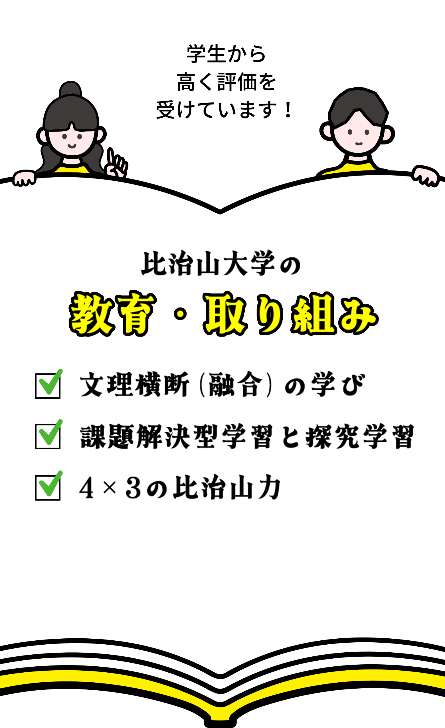 学生から 高く評価を 受けています！ 比治山大学の教育・取り組み 文理横断（融合）の学び 課題解決型学習と探究学習 4×3の比治山力